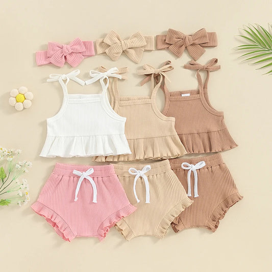 2023-12-18 Lioraitiin  Summer Baby Girls Outfits Solid Color Ruffled Sleeveless Camisole Tops Elastic Shorts Cute Headband Set