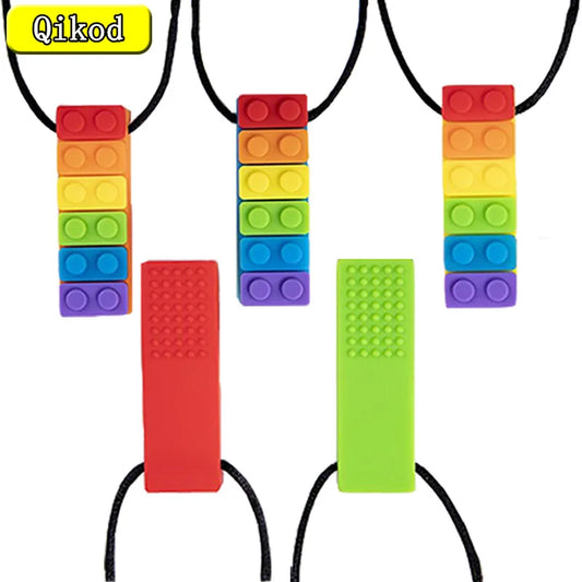 1Pcs Sensory Chew Necklace Brick Chewy Kids Silicone Biting Pencil Topper Teether Toy, Silicone teether for children with autism